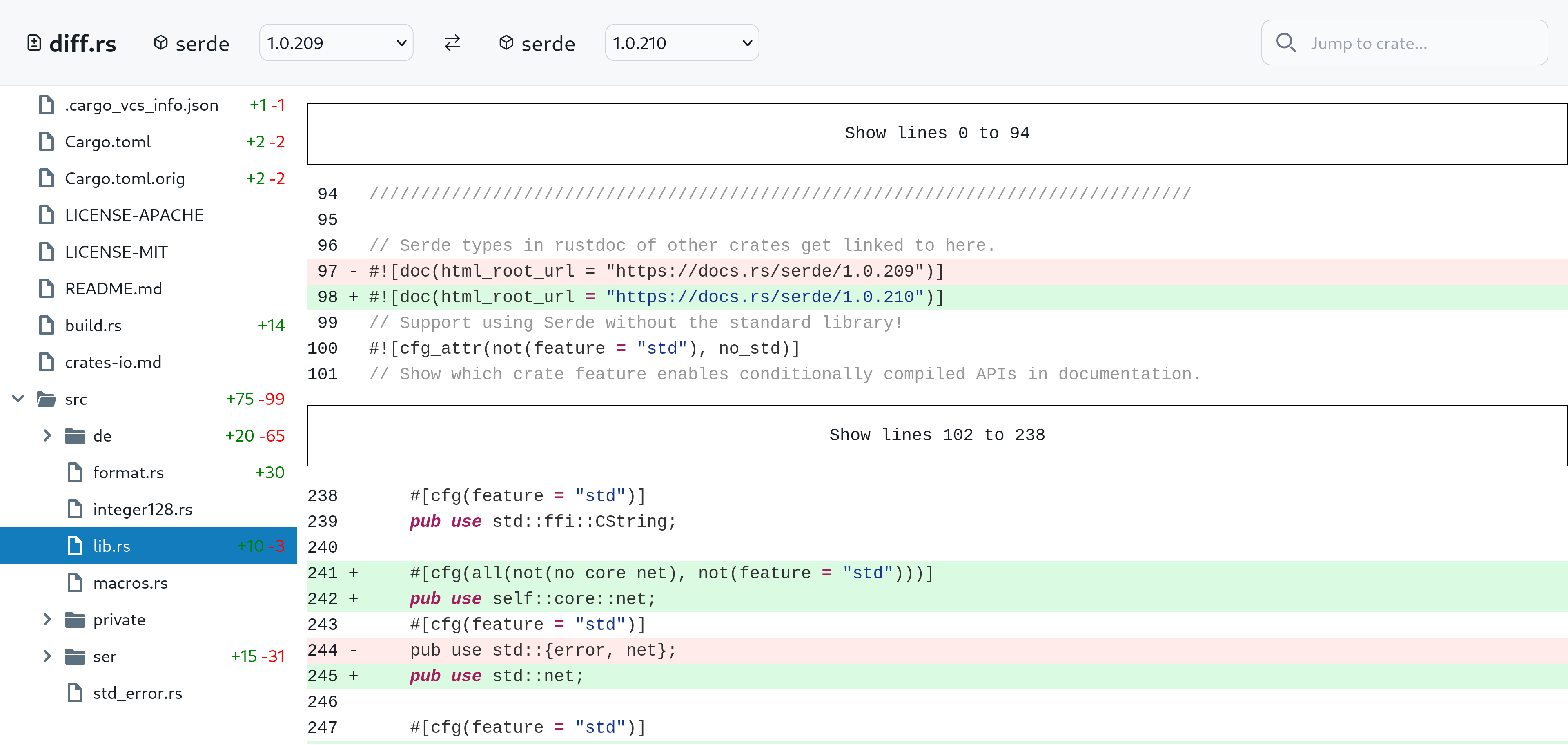 Viewing the differences between two crate versions